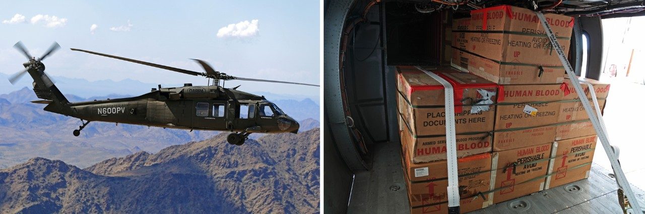 A long-endurance mission over U.S. Army Yuma Proving Ground demonstrated the optionally piloted Black Hawk helicopter flying without pilots or crew. Inside the cabin were 400 units of real and simulated blood packed in ice.